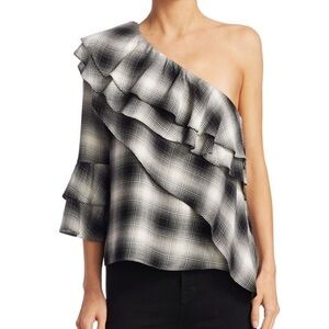 Alice + Olivia Hilaria Plaid One Shoulder Ruffled Blouse
